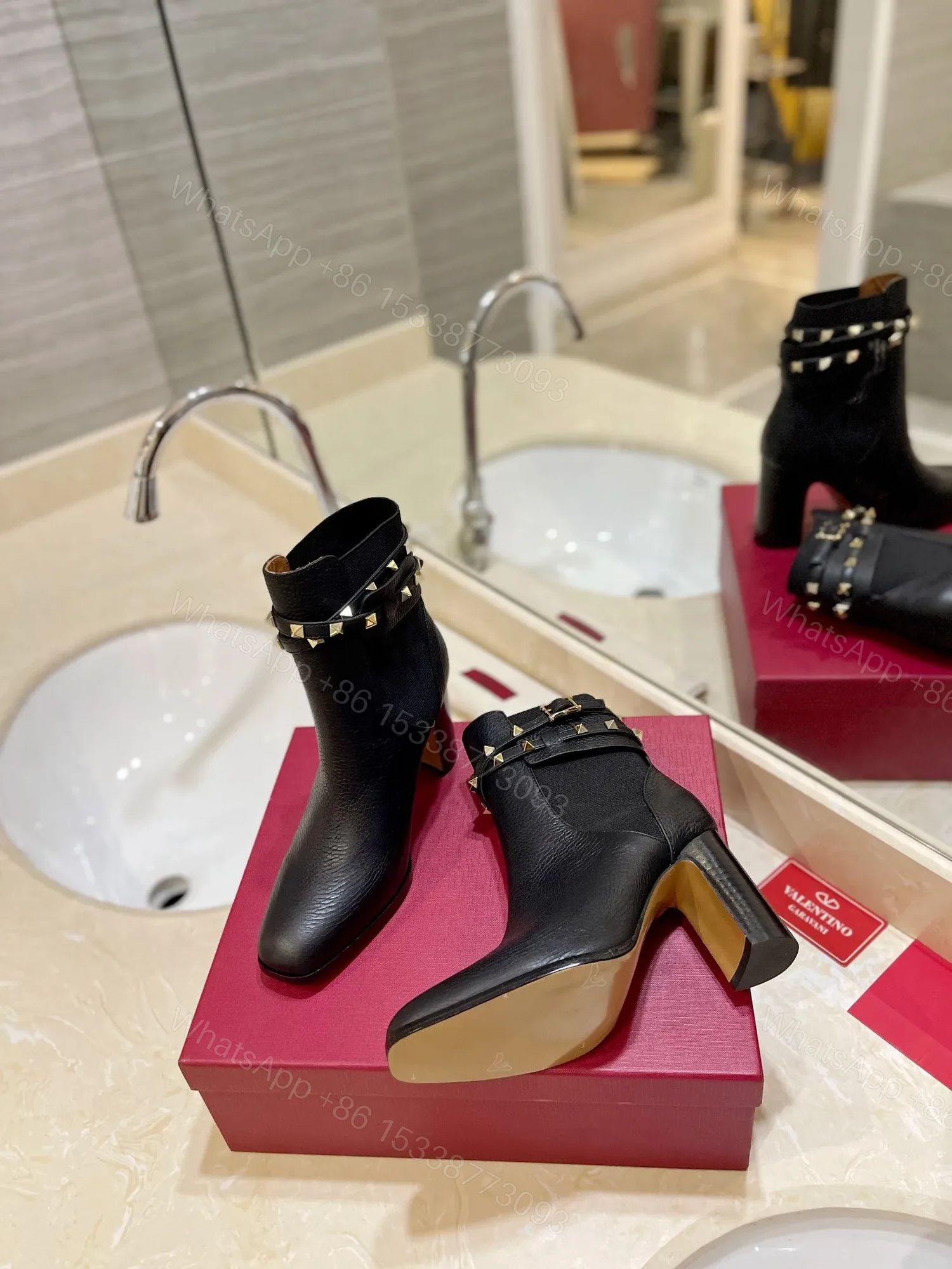 View 6 of Valentino Women Black Leather Studded Ankle Boots