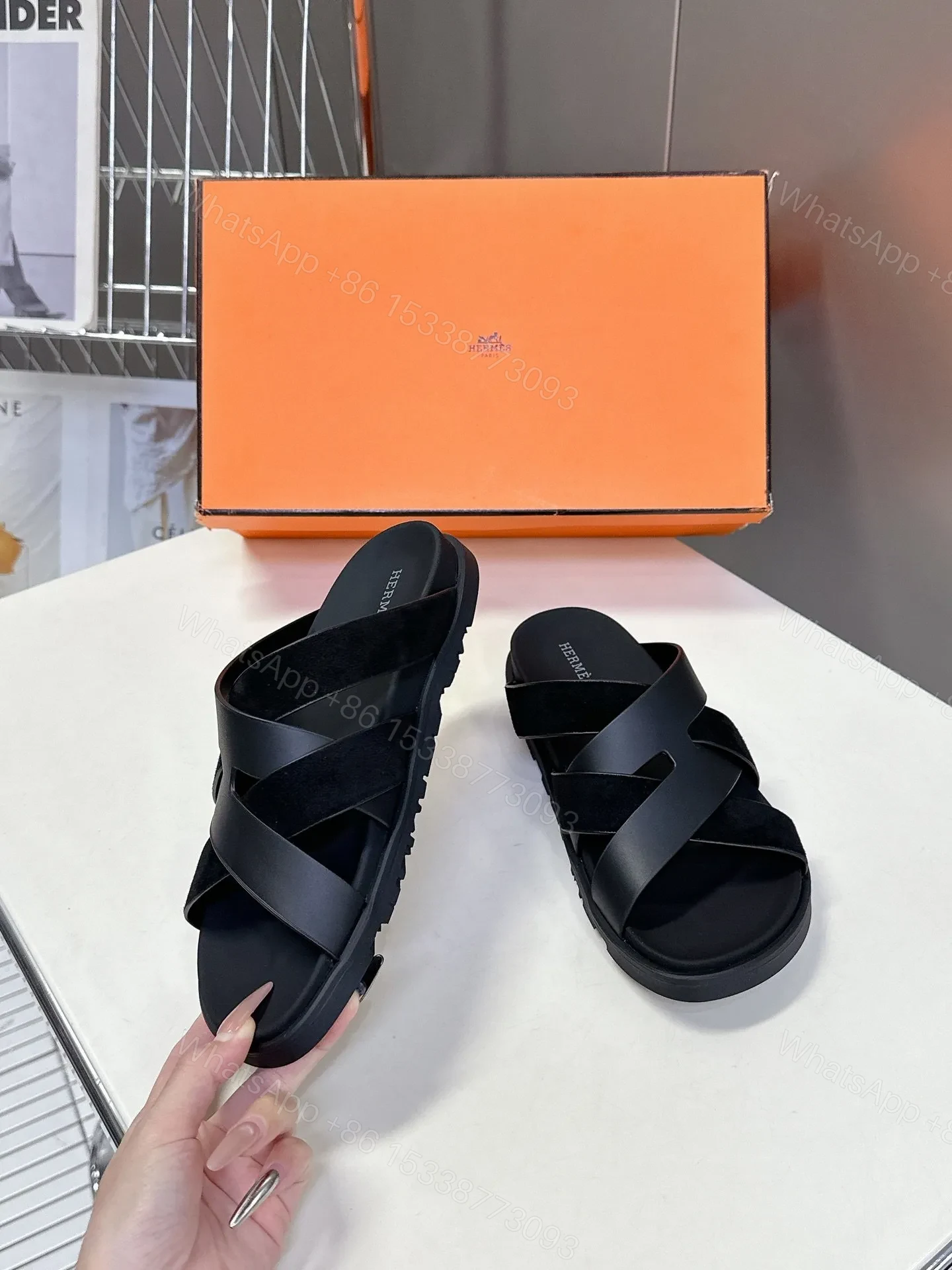 View 5 of Hermes Women Black Leather Suede Sandals