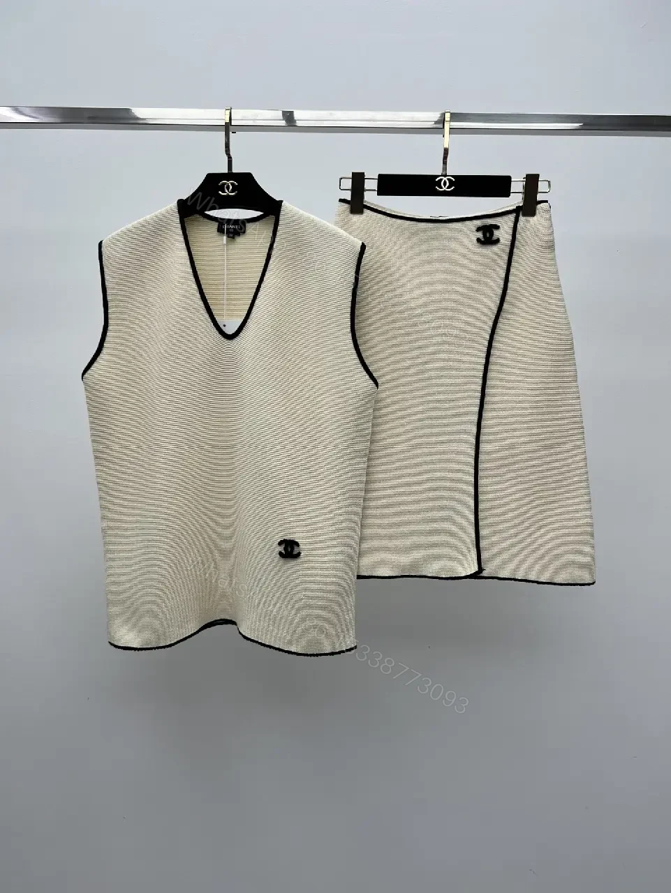 View 7 of Beige Knit Vest Black Trim V-Neck Chanel Logo Patch Tank Vest