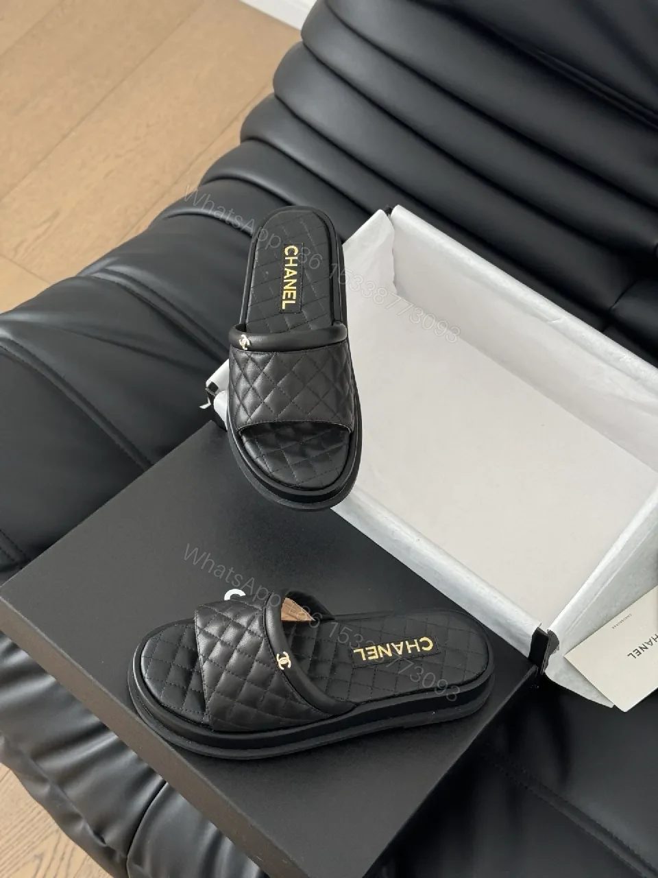 View 7 of Quilted Black Leather Slip-Ons with Gold Hardware – Ultra-Luxe Comfort