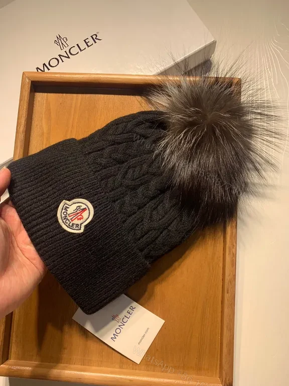 View 6 of Cozy Black Moncler Beanie: Plush Fur Pom-Pom Warm Wool-Blend Knit