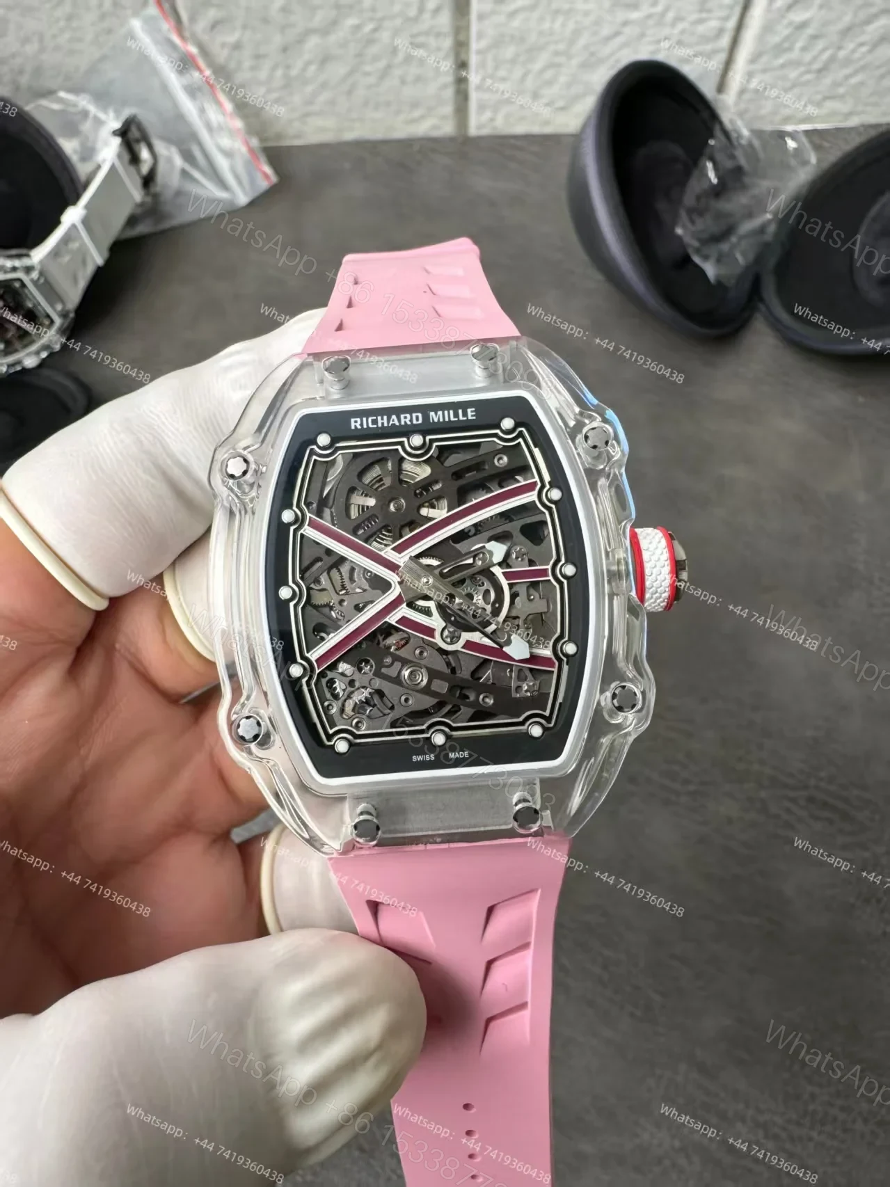 View 2 of Super Clone Richard Mille RM67-02 Sapphire Crystal Skeleton Tourbillon 1:1 Replica Watch with Pink Rubber Strap