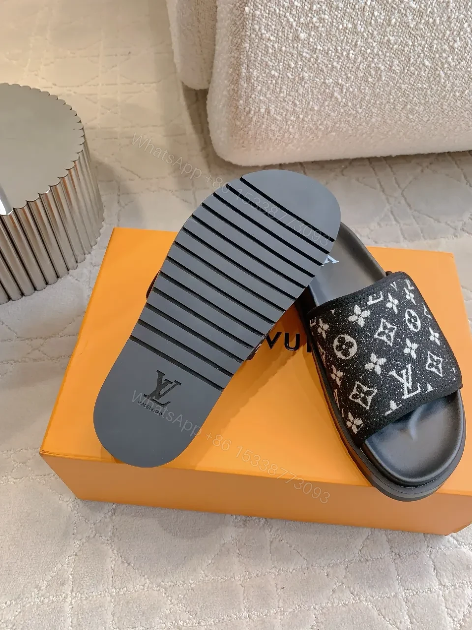 View 4 of Monochrome LV-Pattern Slides: Luxury Comfort for All-Day Wear