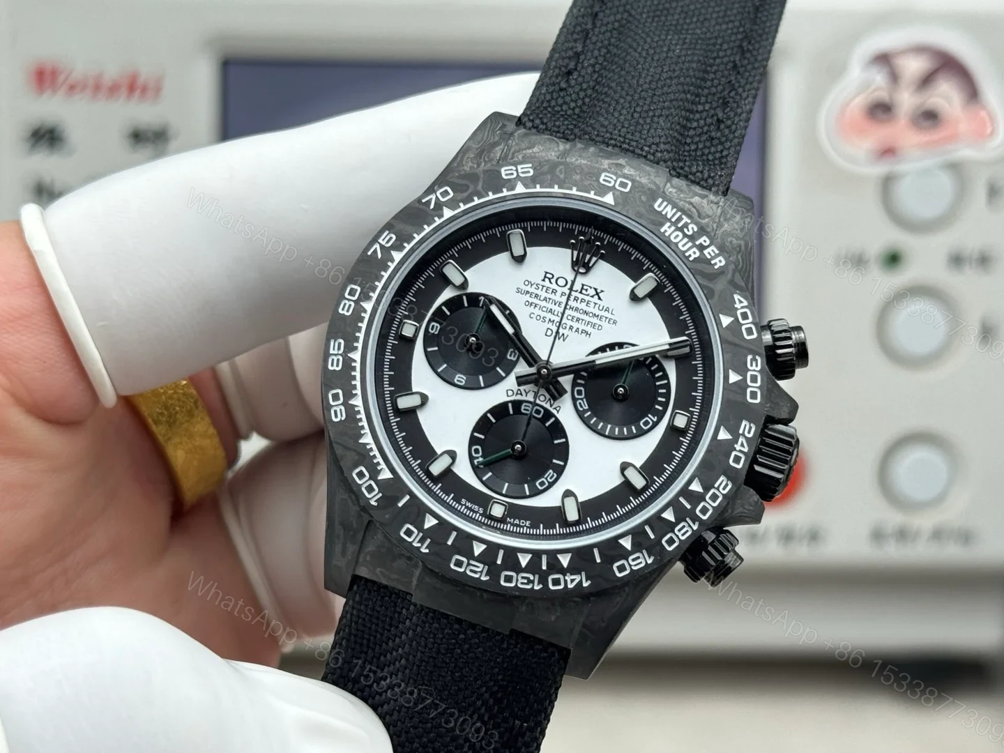 View 3 of Rolex Daytona Carbon Fiber Panda Replica 40MM Premium Black Fabric Strap R74-PANDA-BLACK