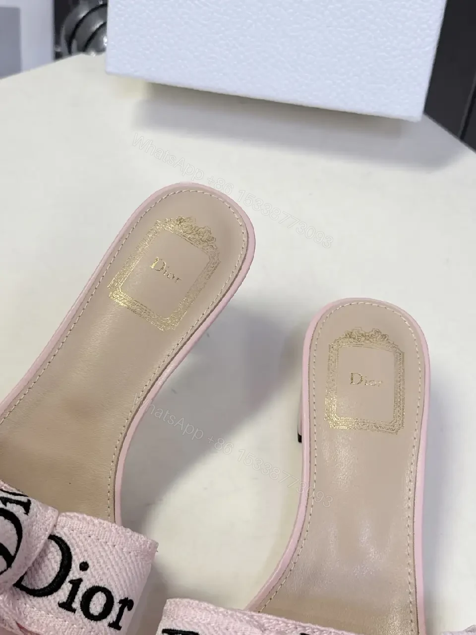 View 6 of Pink Leather Slide Sandals Dior Ribbon Bow Modern Glam Comfort Block Heel Sandal