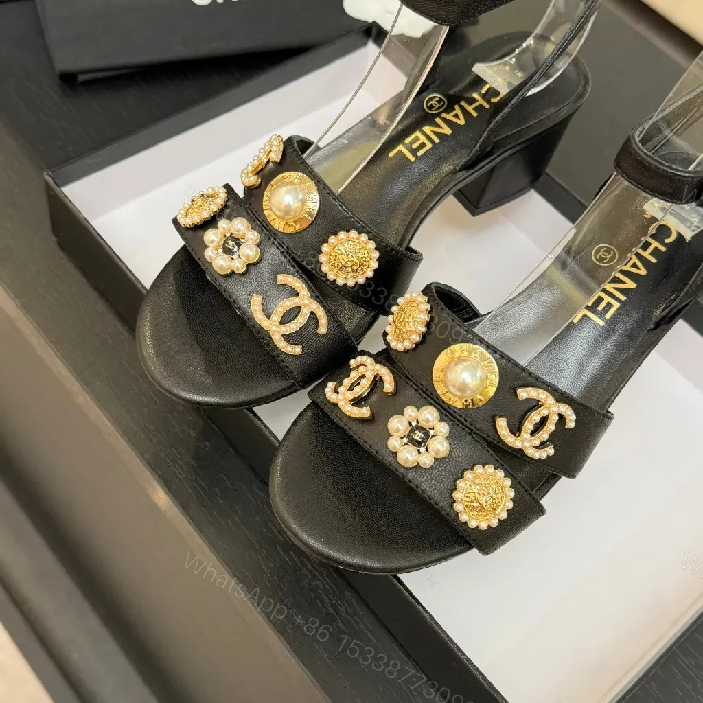 View 4 of Black Satin Sandals with Gold Hardware – Modern Chic Statement Sandals