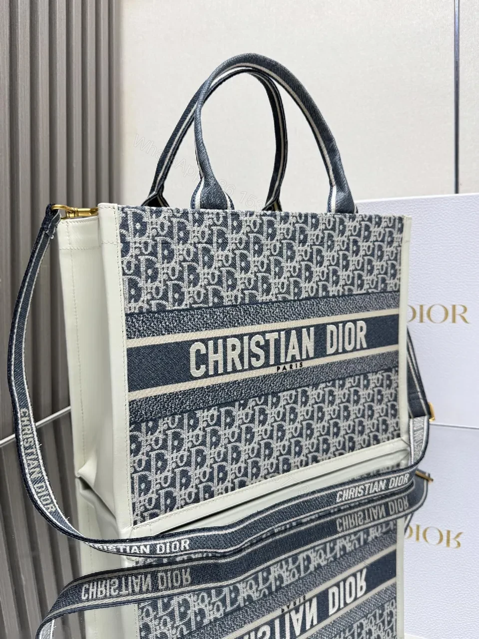 View 7 of Structured Denim Tote with Bold Logo Accent Tote