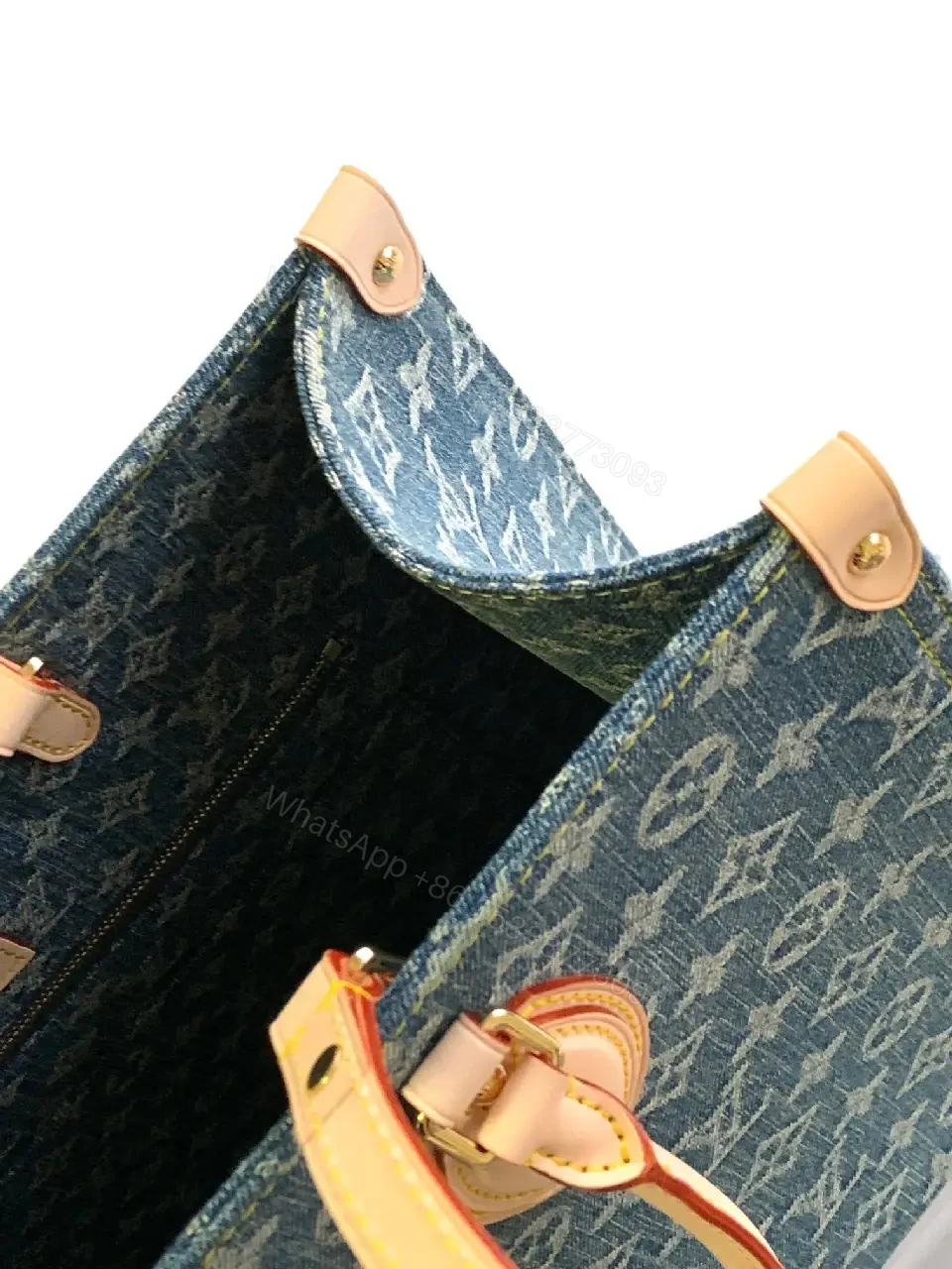 View 7 of Denim Monogram Tote: Premium Denim Leather-Trim Tote with Signature Details