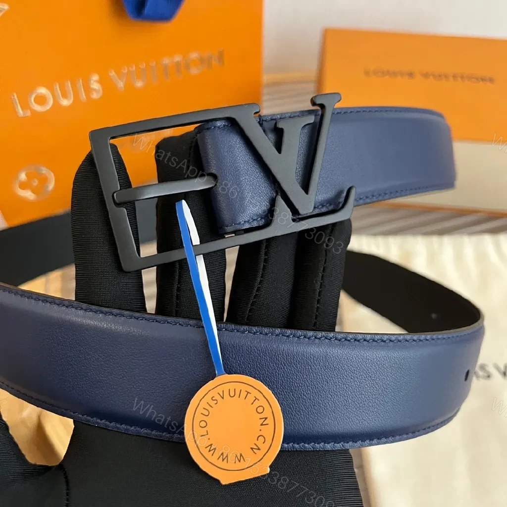 View 4 of Chic Navy Leather Belt with LV Buckle