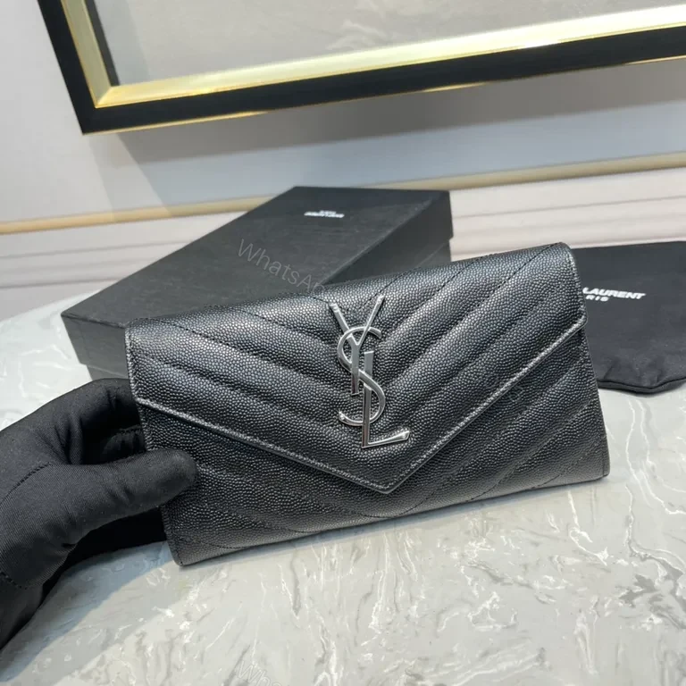 Pebbled Leather Envelope Wallet - YSL Hardware, Black, Luxury Style — view 1