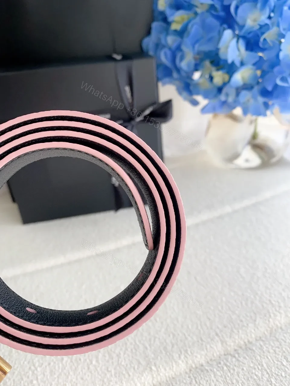 View 4 of Soft Pink Leather Belt with Gold-Tone Double T Buckle