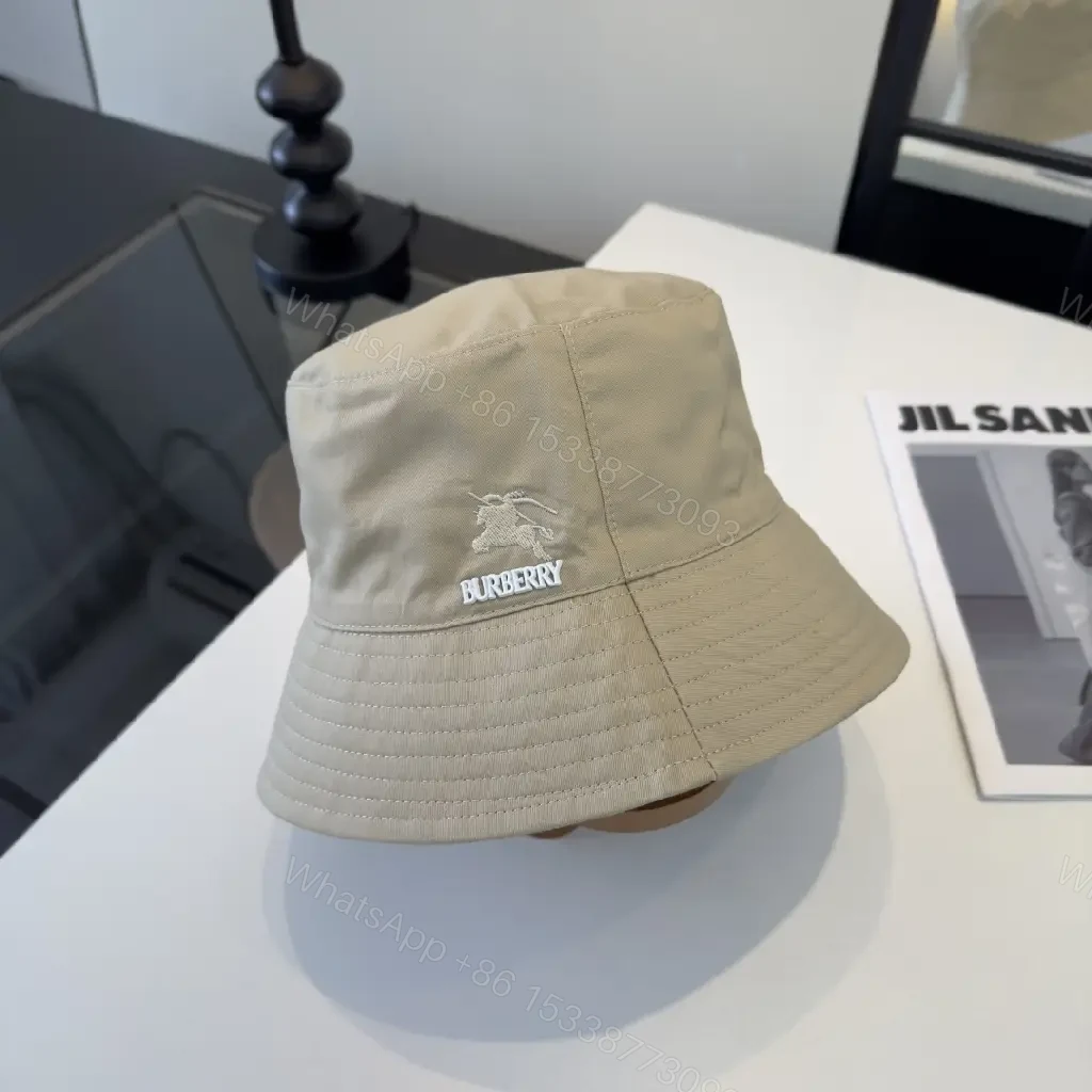 View 8 of Light Beige Khaki Bucket Hat with Embroidered Logo, Burberry Style