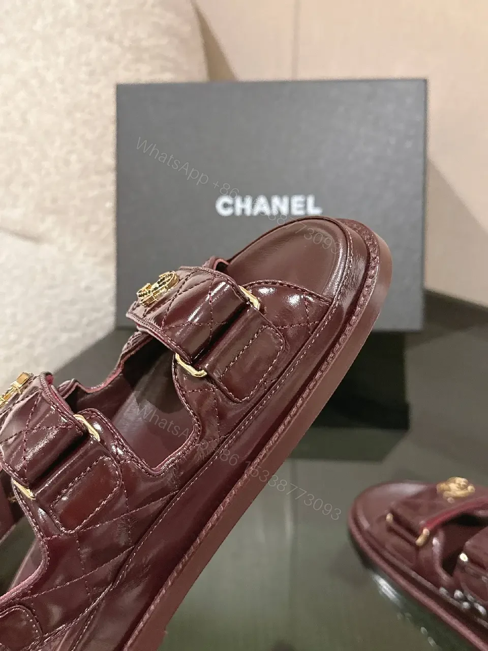 View 10 of Velvet Burgundy Sandals with Gold Hardware, Luxe Style