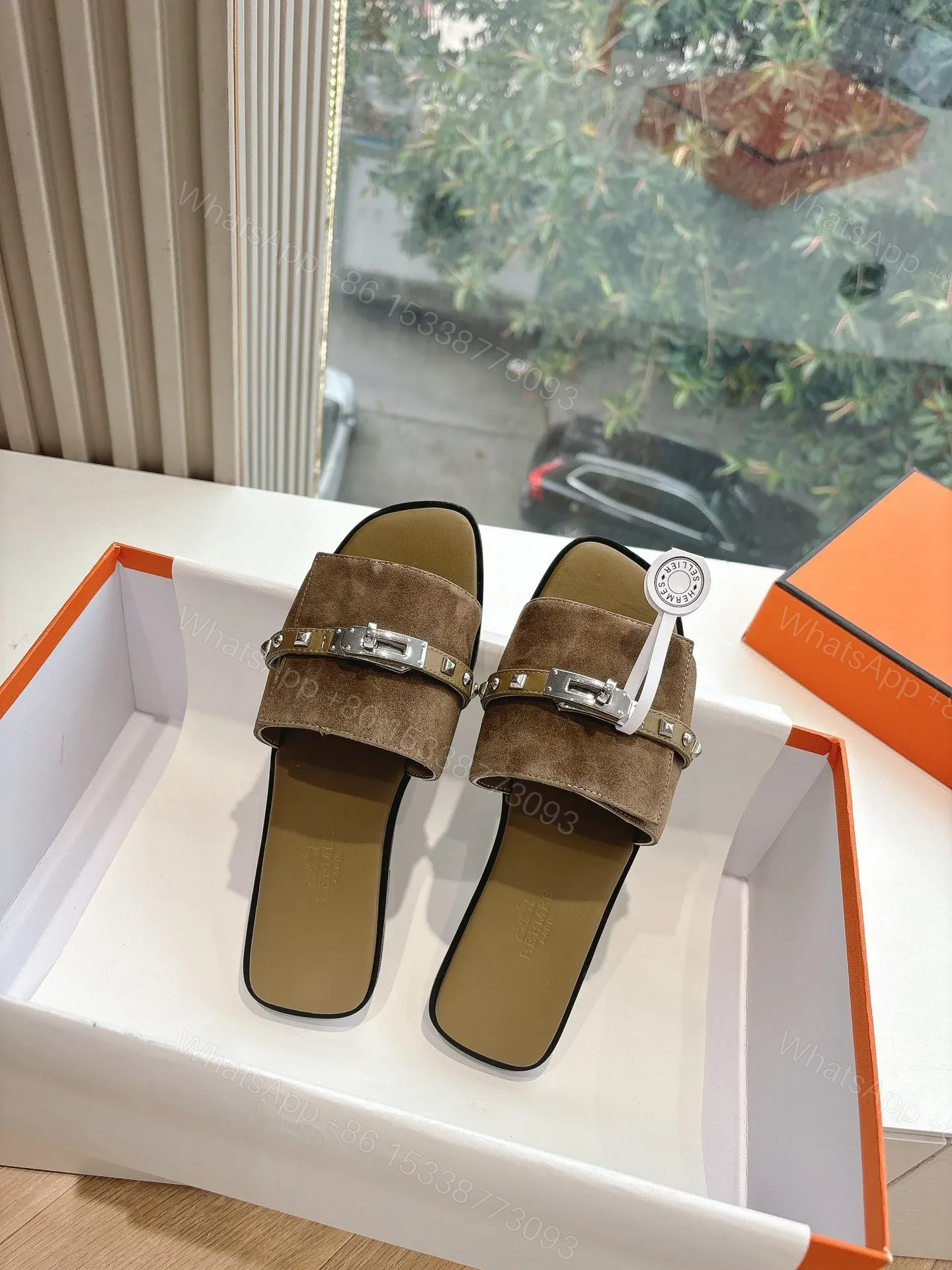 View 5 of Hermes Women Brown Suede Slide Sandals