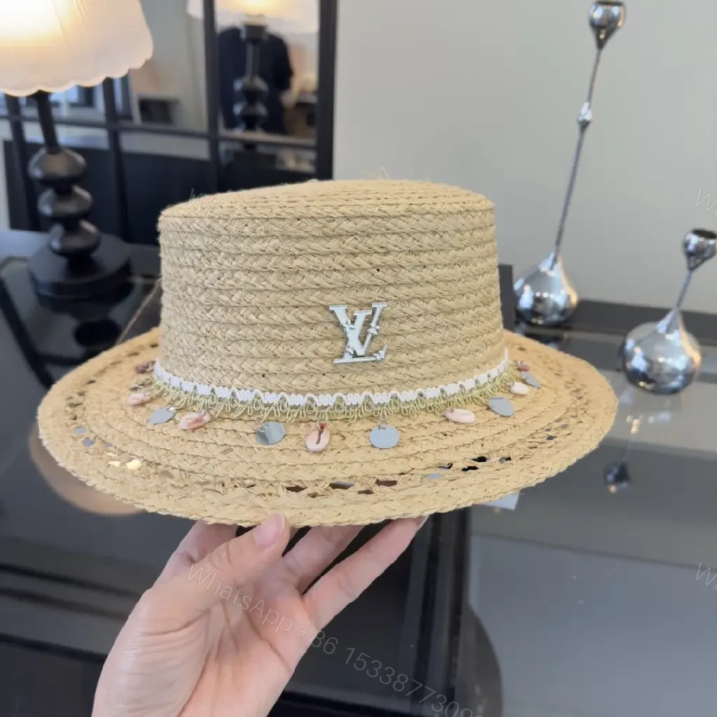 View 5 of Natural Beige Straw Boater Hat with Silver LV Charm, Chic Wide Brim