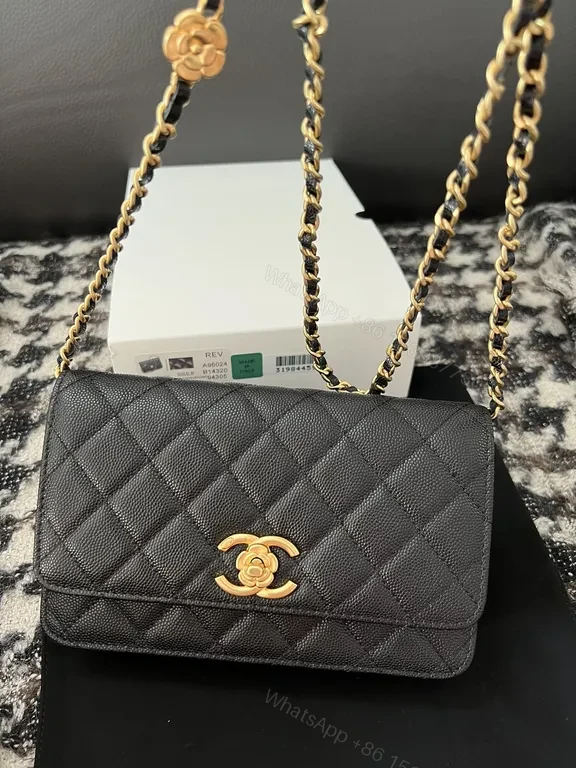 View 9 of Chic Quilted Wallet on Chain: Black Leather, Luxe Gold, CC Logo