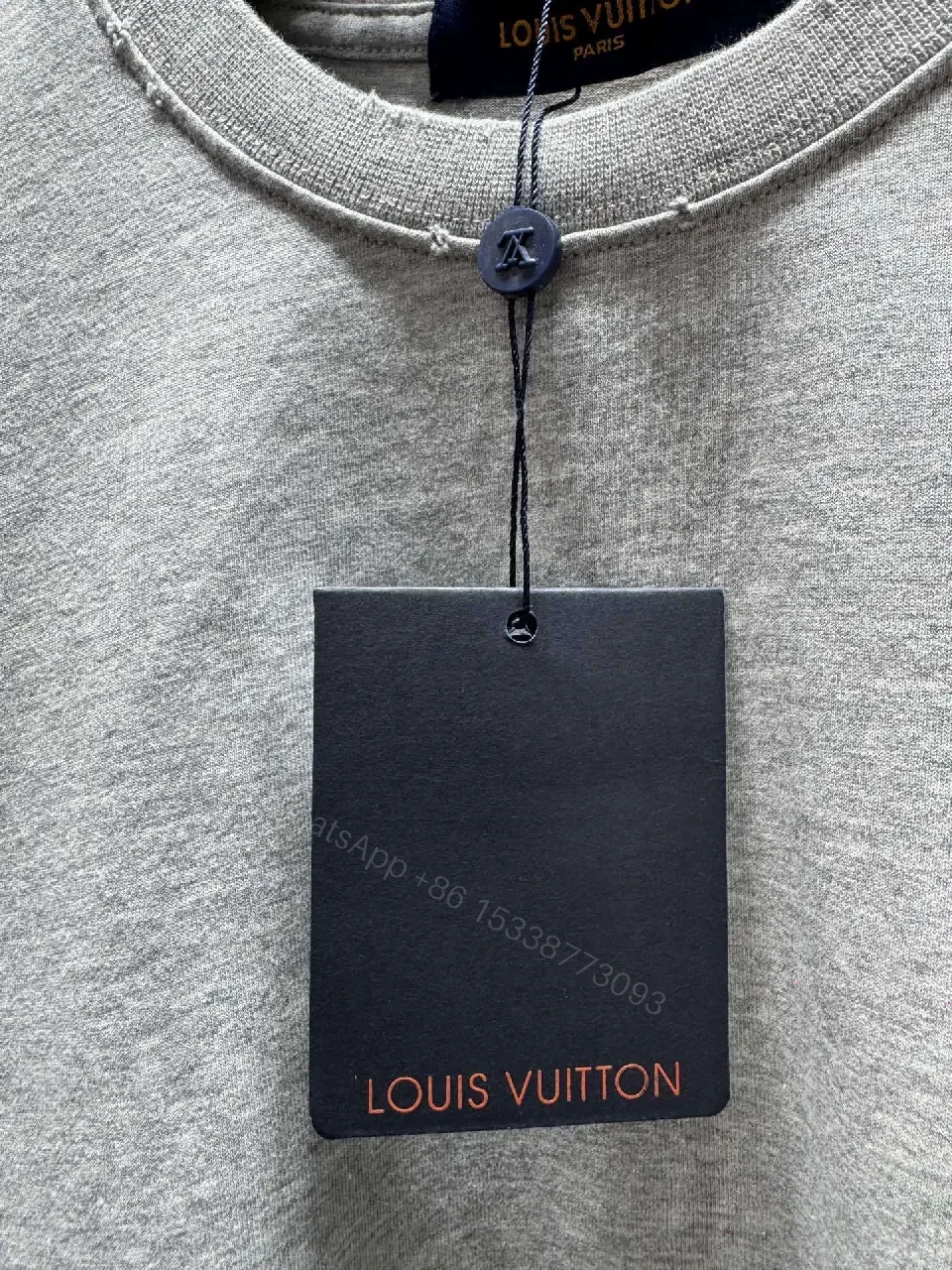 View 4 of Grey Cotton Tee with Subtle LV Embroidery, Relaxed Crewneck, Mid-Weight Comfort