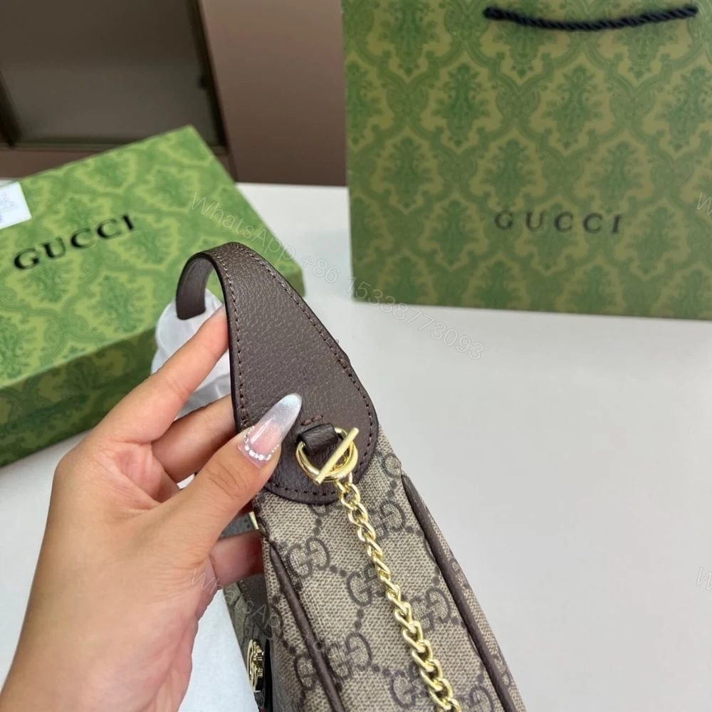 View 8 of GUCCI OPHIDIA SMALL SHOULDER BAG BEIGE AND DARK BROWN GG FABRIC 22CM 838463 FAE0P 9746