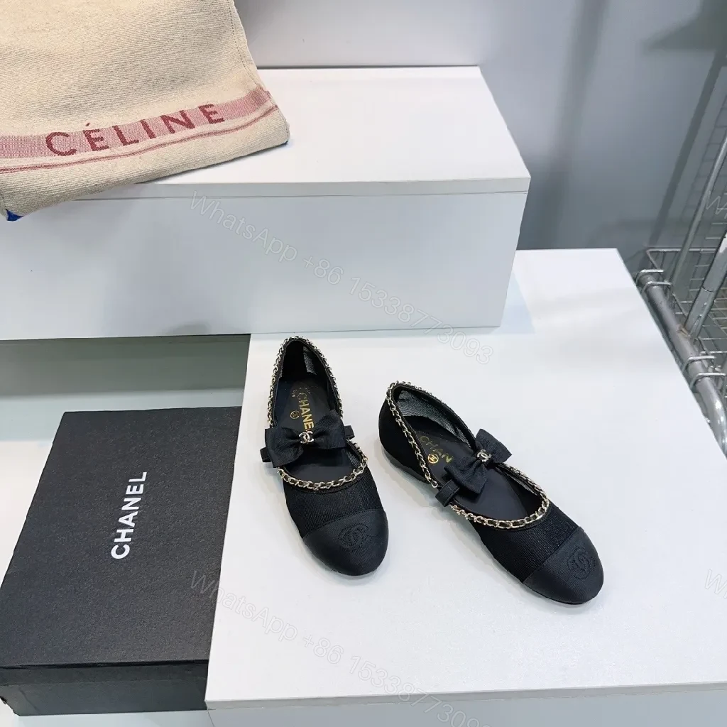 View 6 of Black Satin Bow Flat with Gold Chain Detail, Slip-On Ballet Flat
