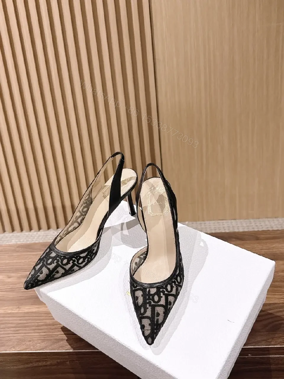 View 10 of Black Denim Slingback Heels Dior-inspired Pattern Pointed Toe Slide Slingback Heels