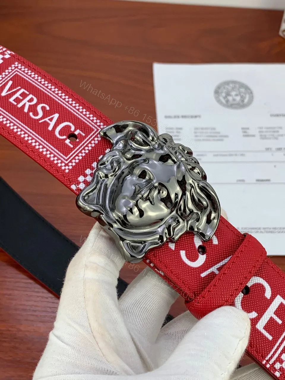 View 7 of Bold Red Belt with Medusa Buckle — Street-Ready Luxury