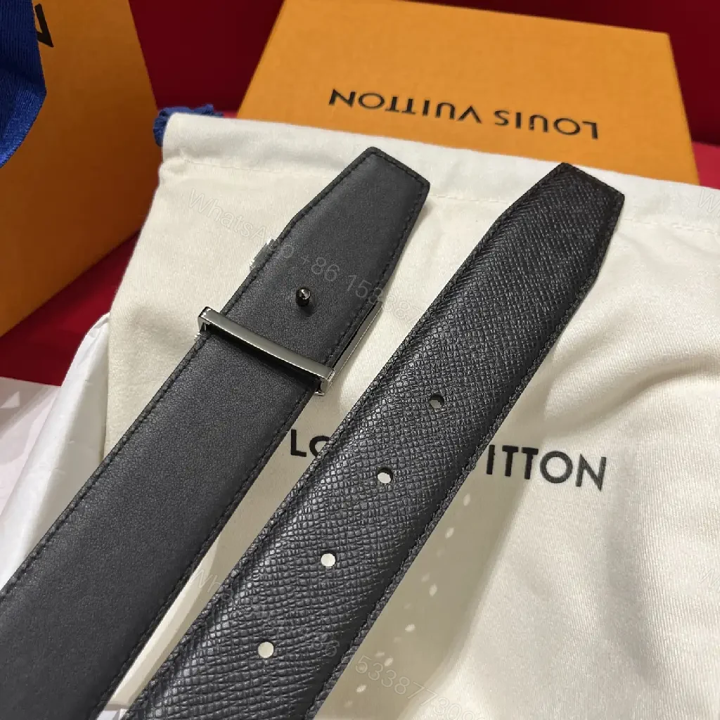 View 4 of Black Pebbled Leather Belt with LV Buckle, Classic Style