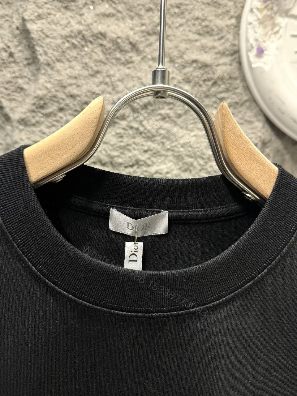 View 4 of Black Cotton Tee Dior Logo Embroidered Style T-Shirt