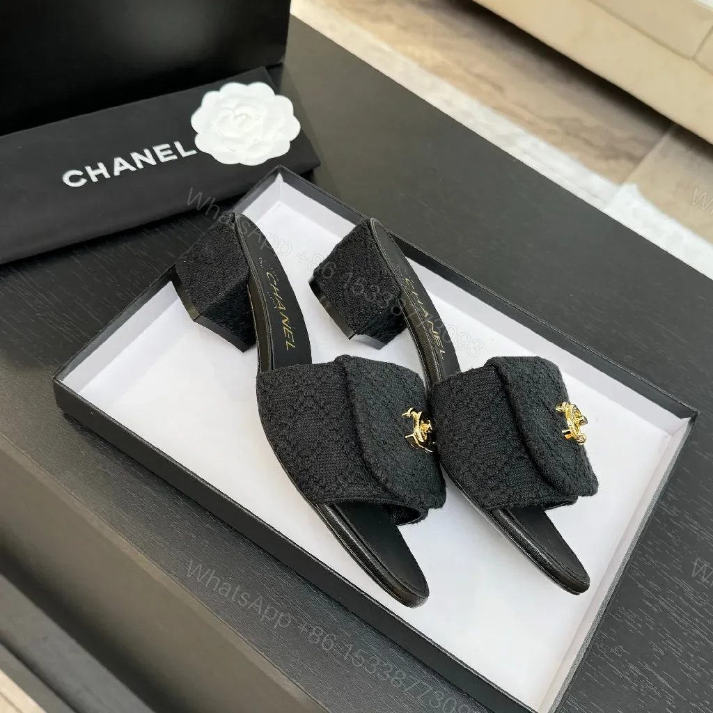 View 4 of Black Textured Slip-Ons with Gold Logo Hardware, Open-Back Slide