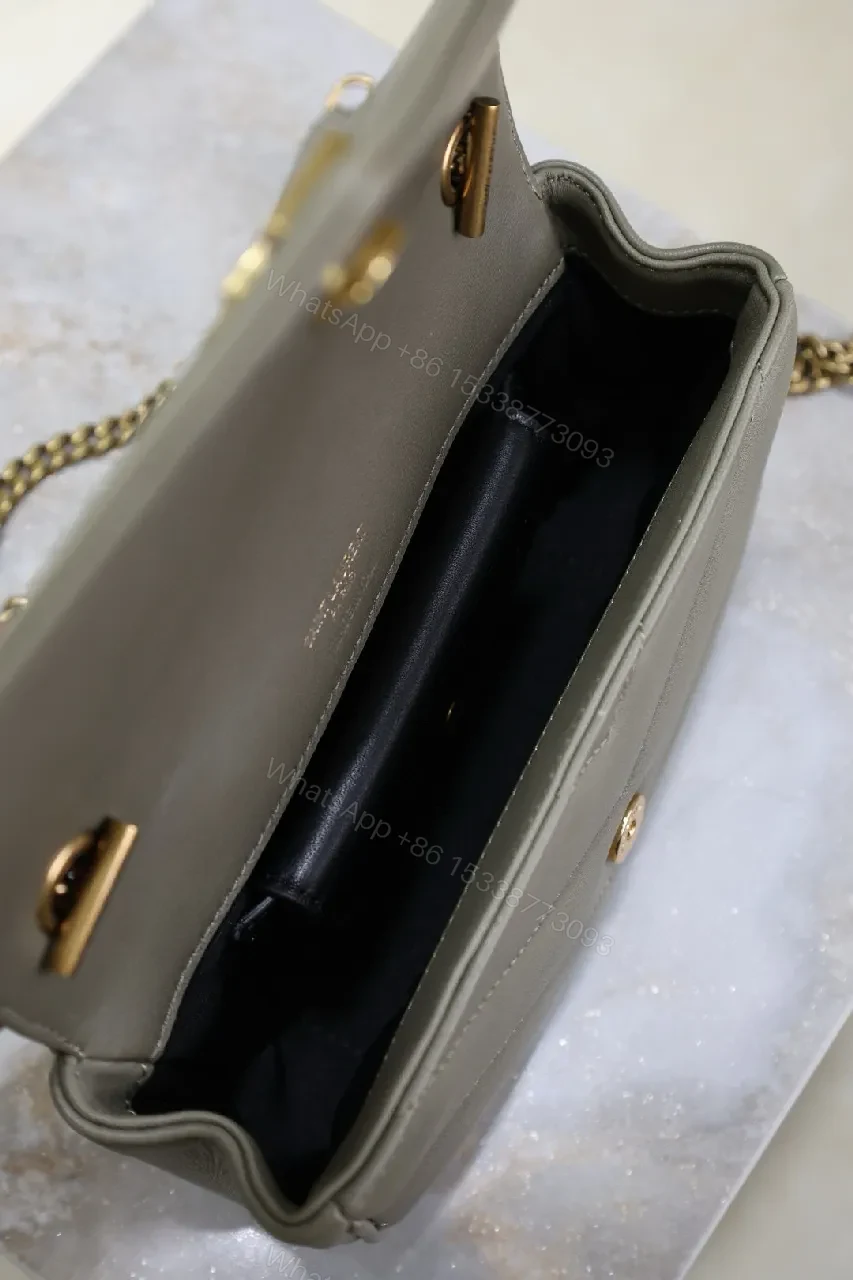 View 4 of Taupe Grained Leather Quilted Shoulder Bag with Gold Hardware