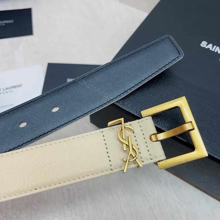 View 4 of Crisp White Leather Belt with Gold Hardware â€” Saint Laurent Style