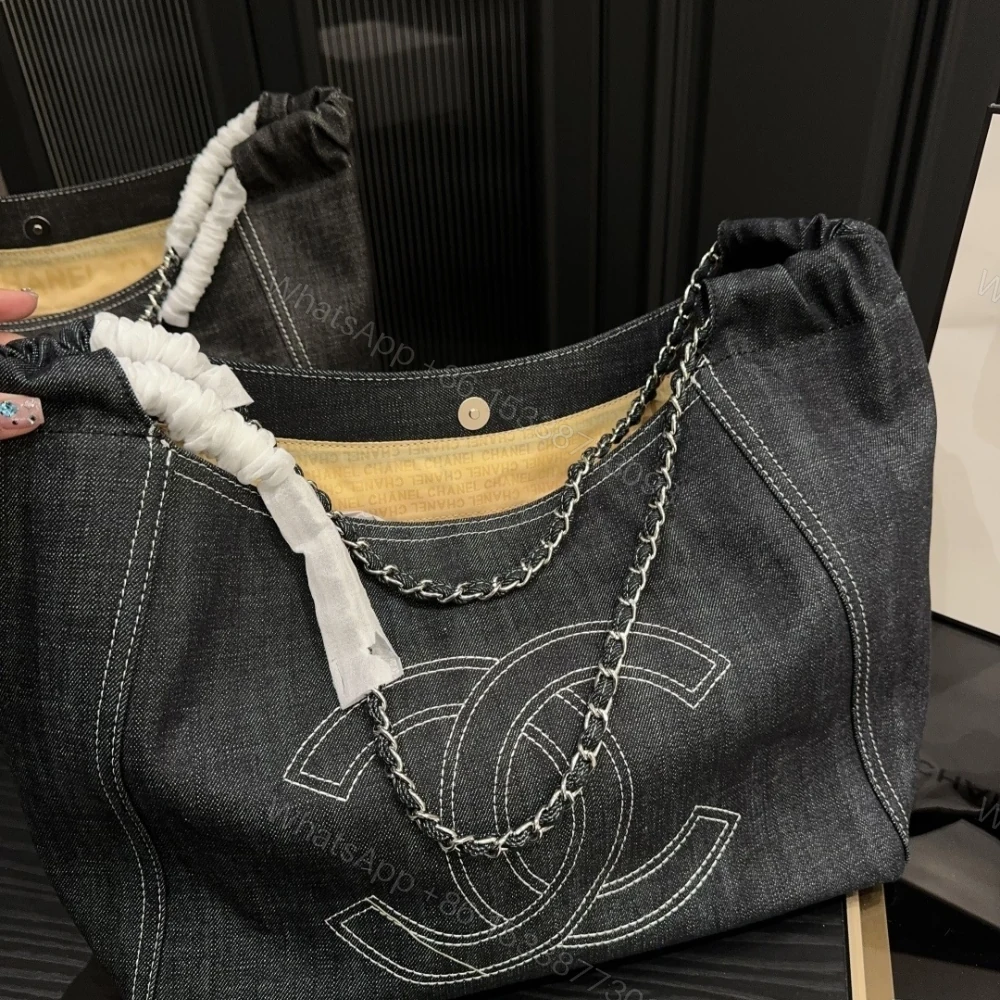 View 3 of Chanel Large Tote Bag Black Denim Chain Strap 36Cm