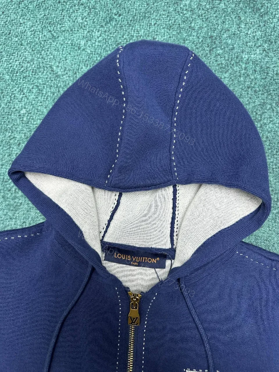 View 6 of Navy Velour Zip Hoodie - Luxury LV-Inspired Detail