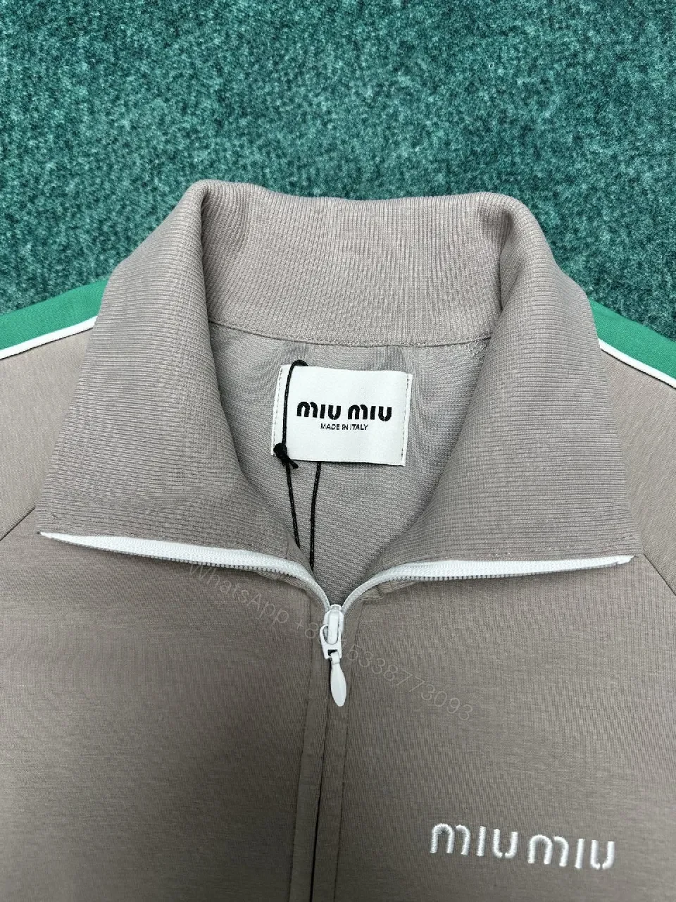 View 2 of Grey + Soft Grey Fabric + Track Jacket + Green Stripe Detail + Product Type