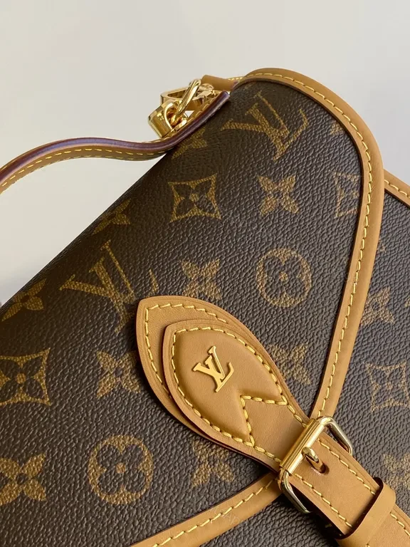 View 7 of Louis Vuitton-inspired Monogram Crossbody with Tan Leather Trim
