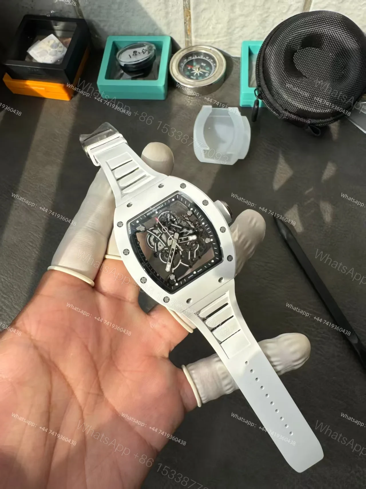 View 18 of Richard Mille RM 055 White Ceramic Skeleton Vaucher Free-Sprung Movement White Rubber Strap Custom Super Clone