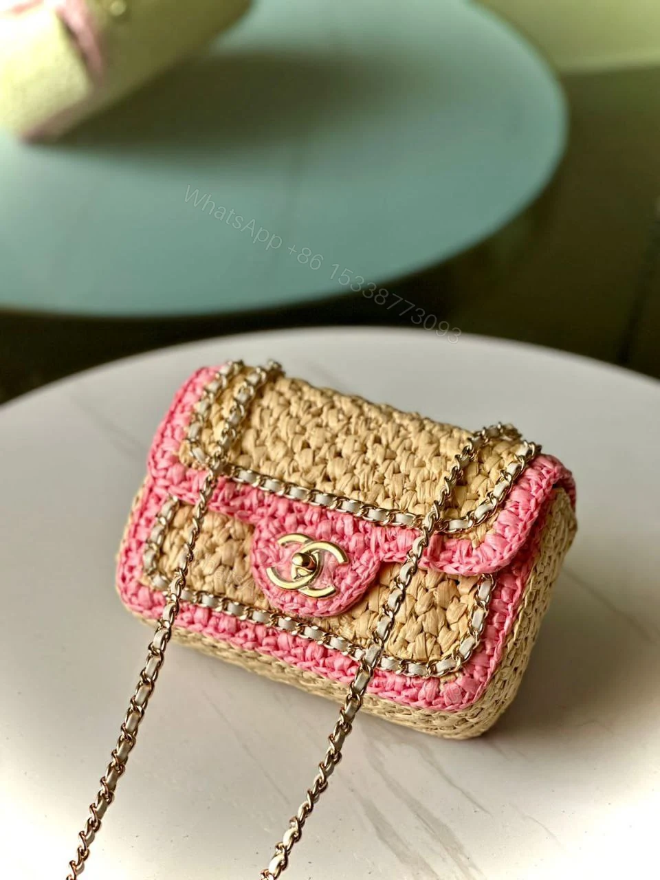 View 2 of Chanel Beige Raffia Chain Handbag
