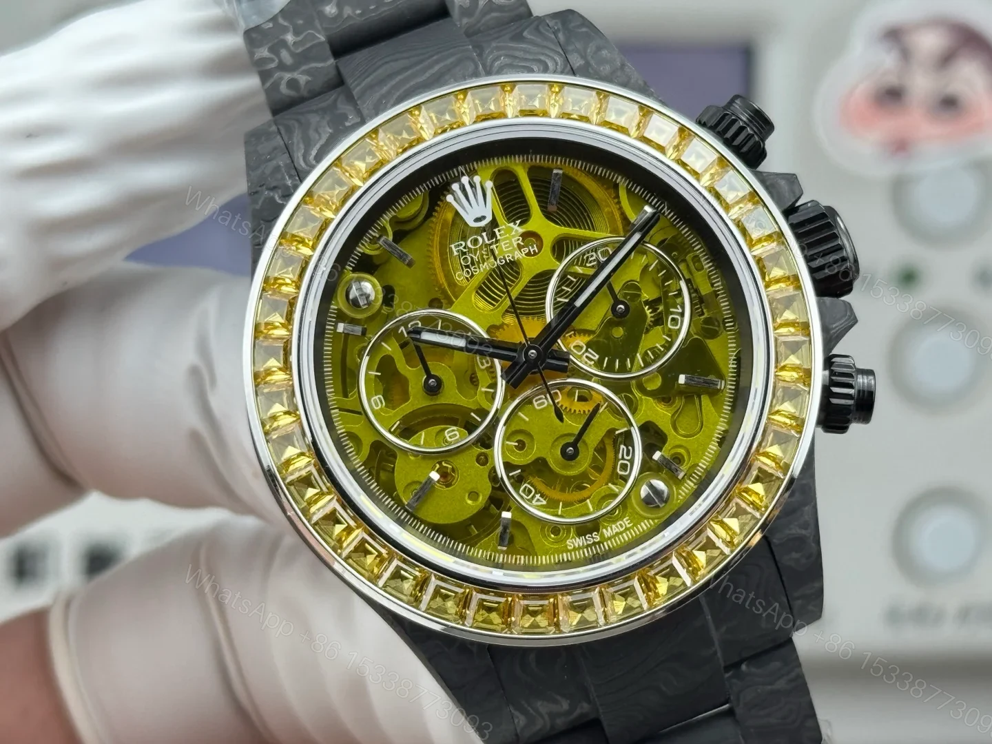 View 4 of Carbon Fiber Daytona Yellow Skeleton Chronograph Watch 40mm Yellow Bezel Carbon Strap Automatic DAY-CARBON-YELLOW-SKELETON-40MM