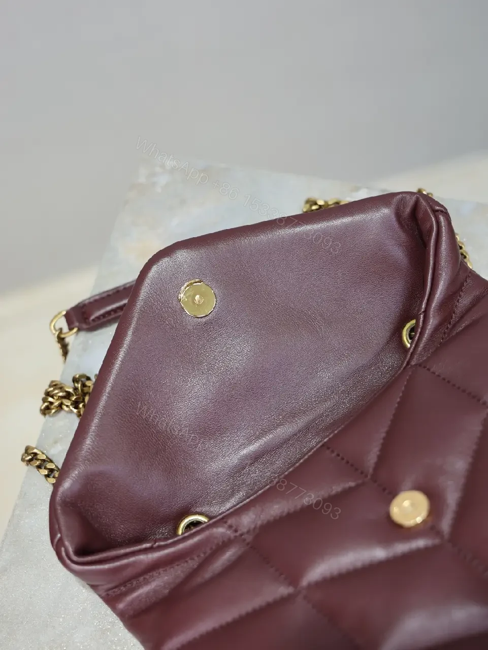 View 9 of Quilted Burgundy Leather Shoulder Bag with Gold Hardware
