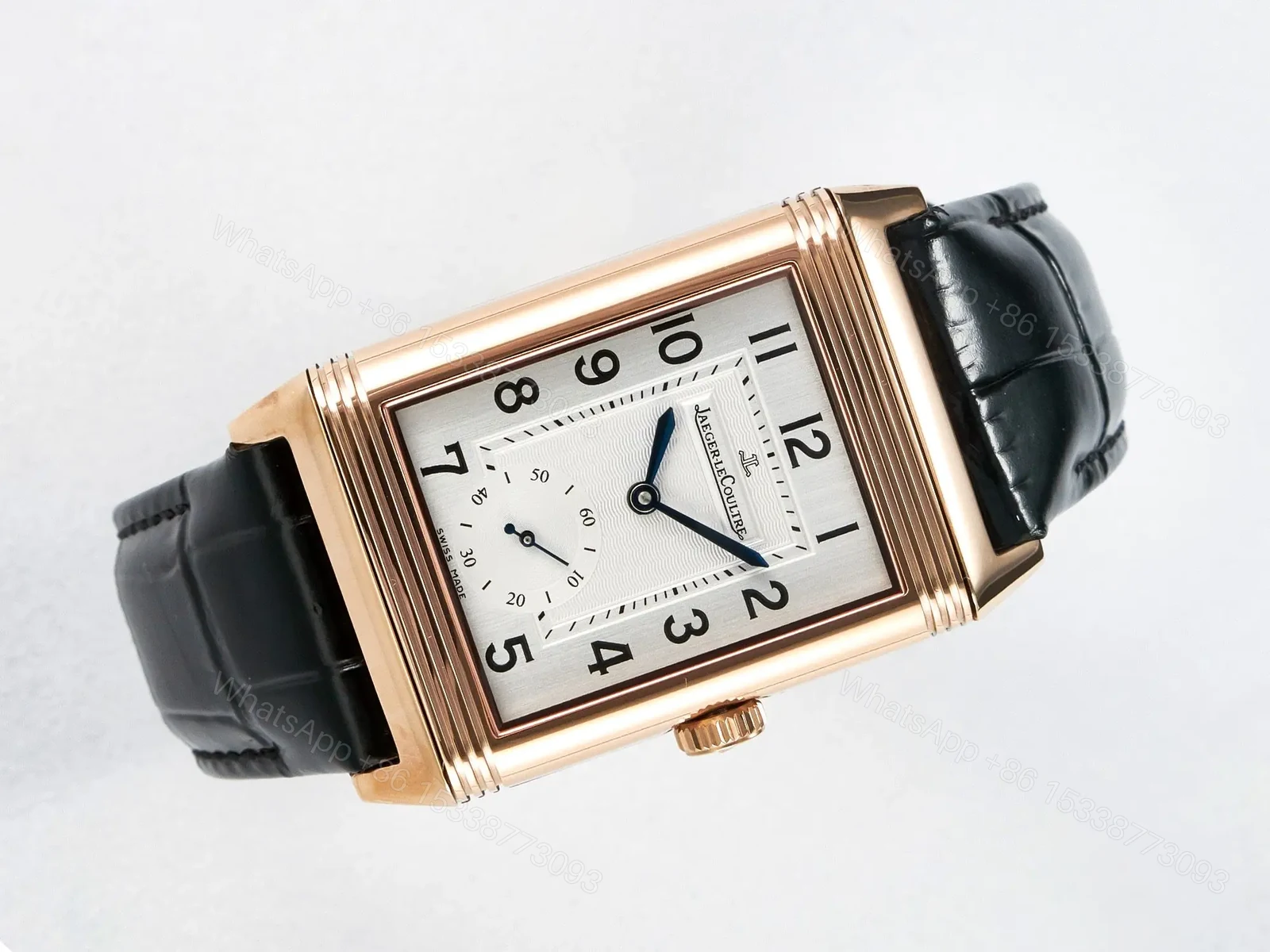 View 3 of Reverso Classic Duoface Small Seconds RG MGF Best Edition White Textured Dial on Black Leather Strap A854A