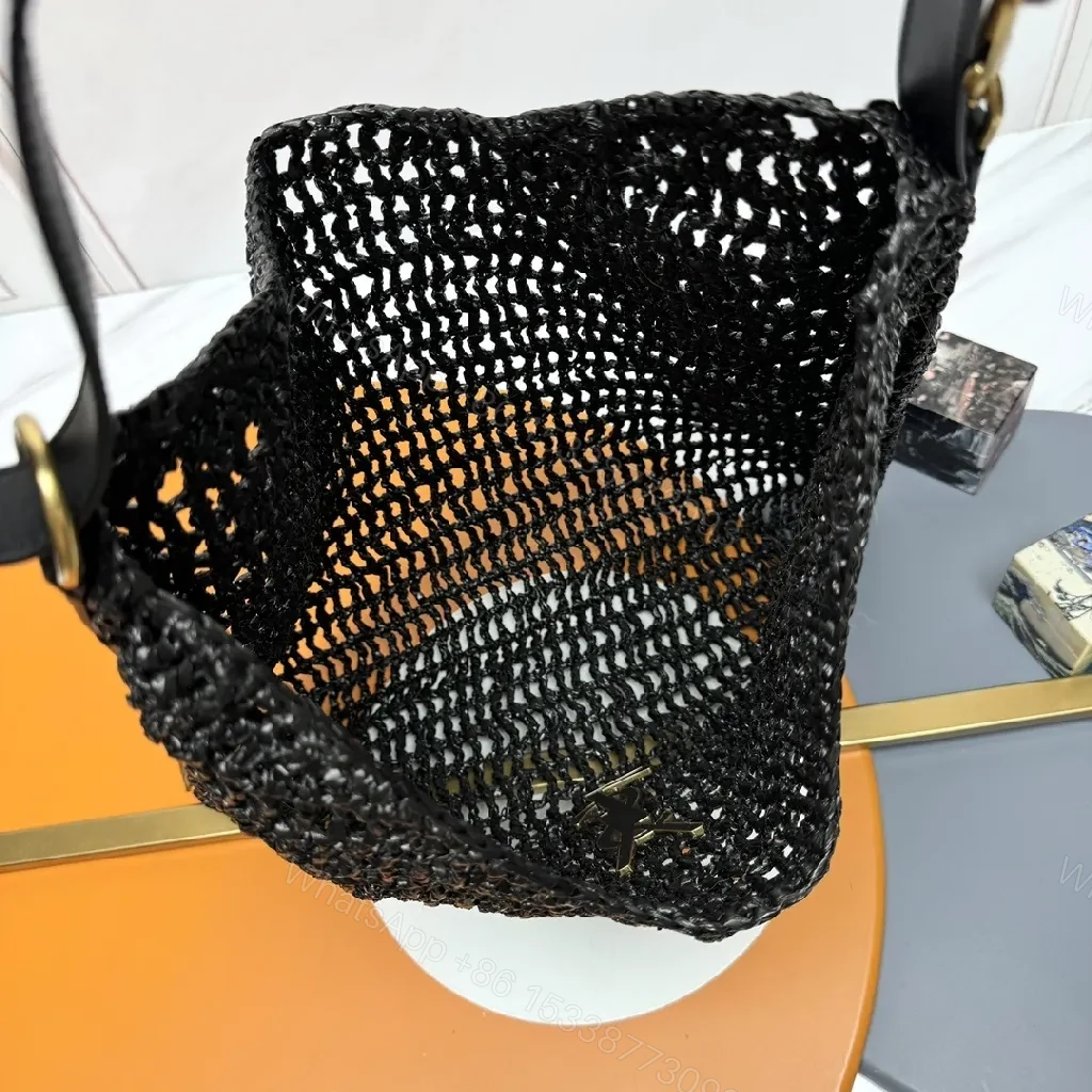 View 2 of Handwoven Mesh Tote: Luxe Black, Gold Logo, Everyday