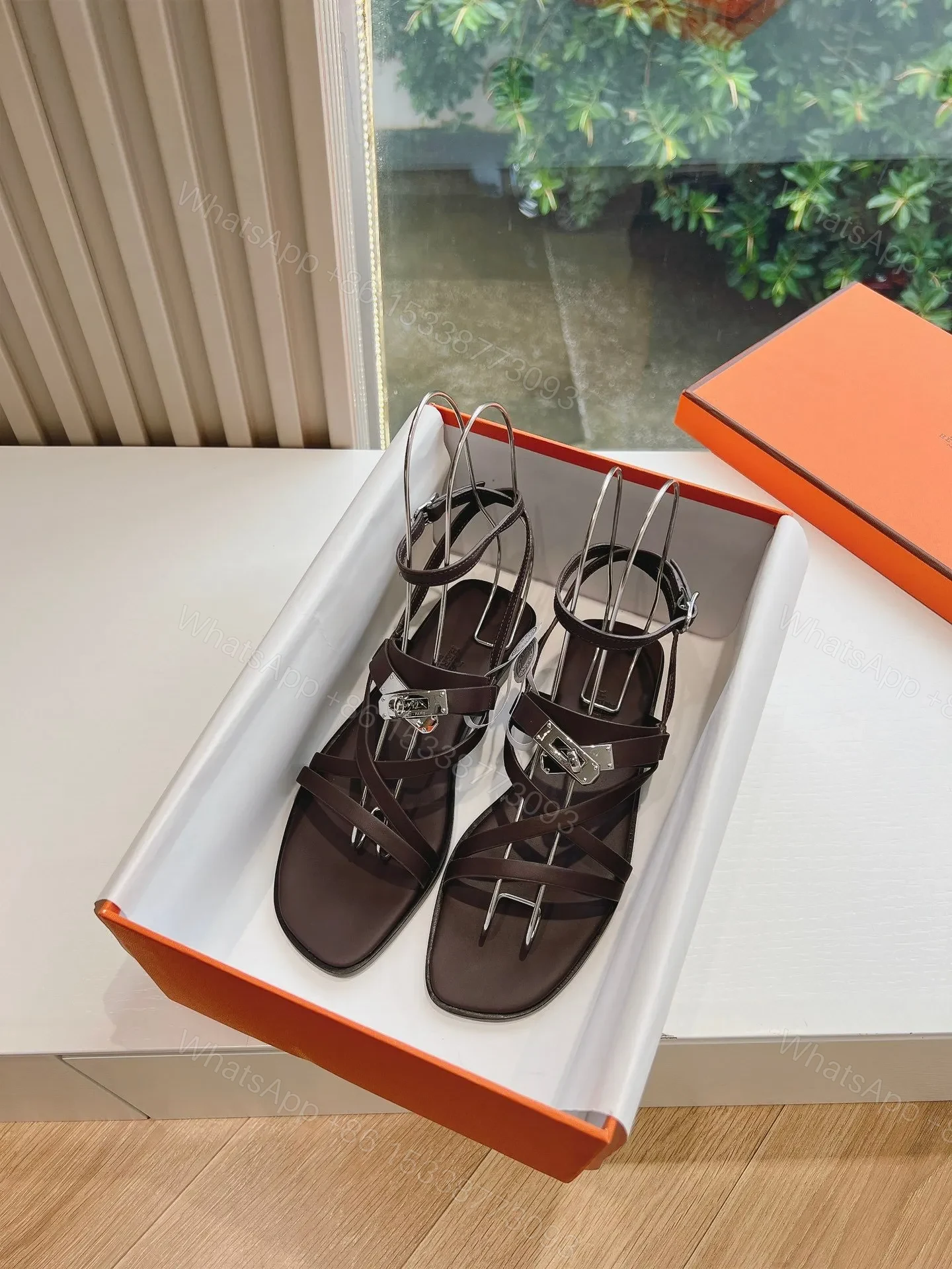 View 3 of Hermes Women Dark Brown Leather Strappy Sandals