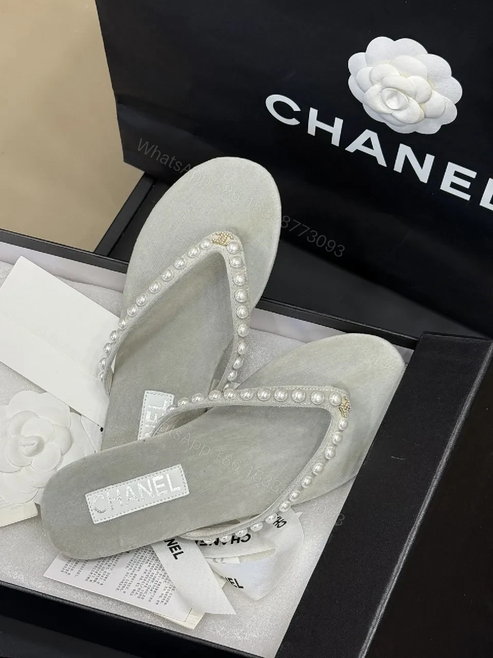 View 6 of Pearl-Embellished Light Gray Suede-Flip Sandals with Logo