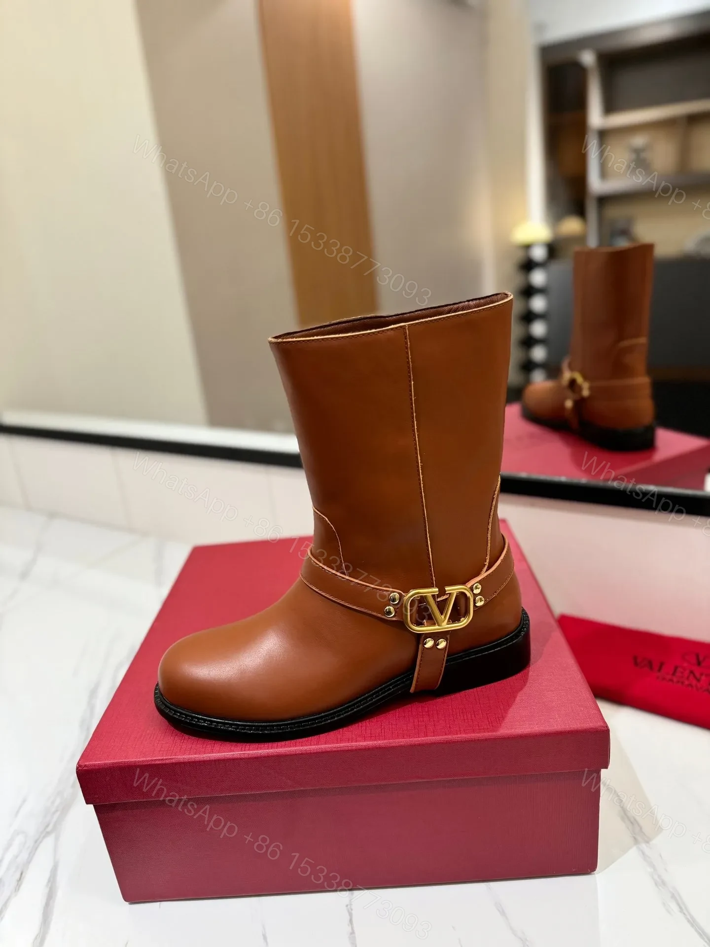 View 5 of Valentino Women Brown Leather Mid-Calf Boots