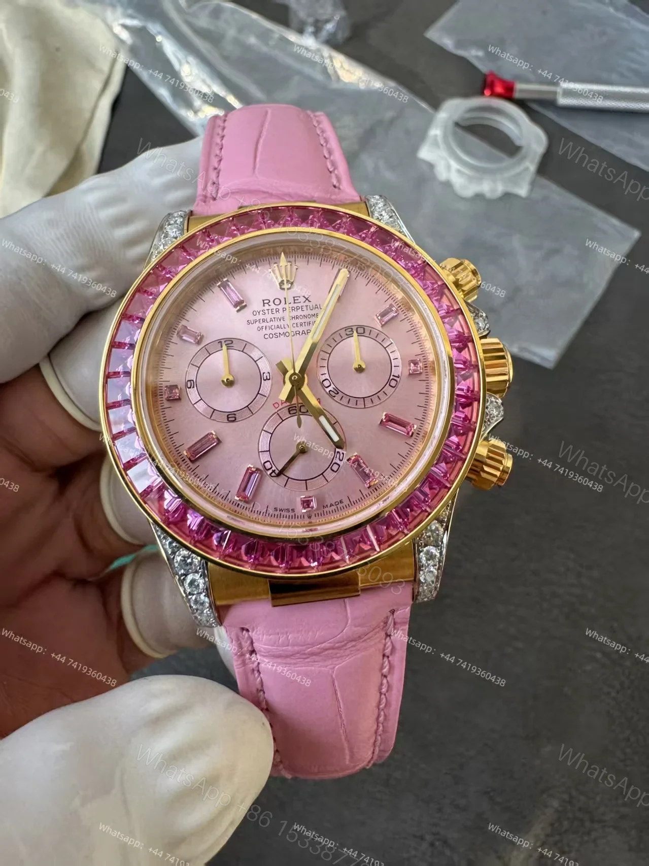 Rolex Daytona 126538TRO Pink Dial with Diamond Indexes Pink Sapphire Bezel on Pink Leather Strap Best Super Clone — view 1