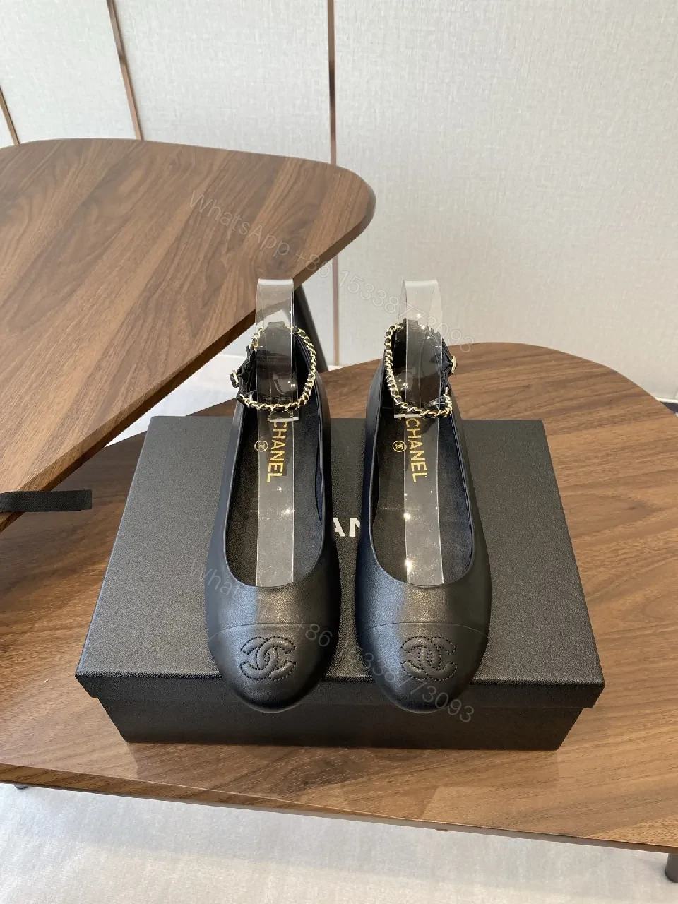 View 9 of Black Leather Slingback Heels with Gold Chain Accent