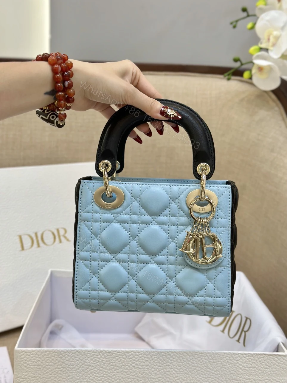 View 8 of Dior Lady Mini Handbag for Women Ice Blue Super Quality Cowhide 18cm