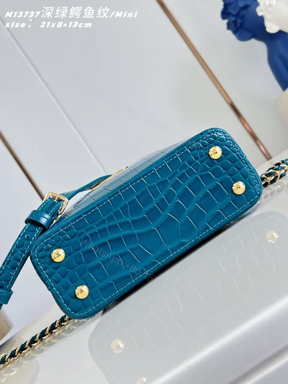 View 4 of Teal Crocodile-Texture Mini Bag with Gold Emblem
