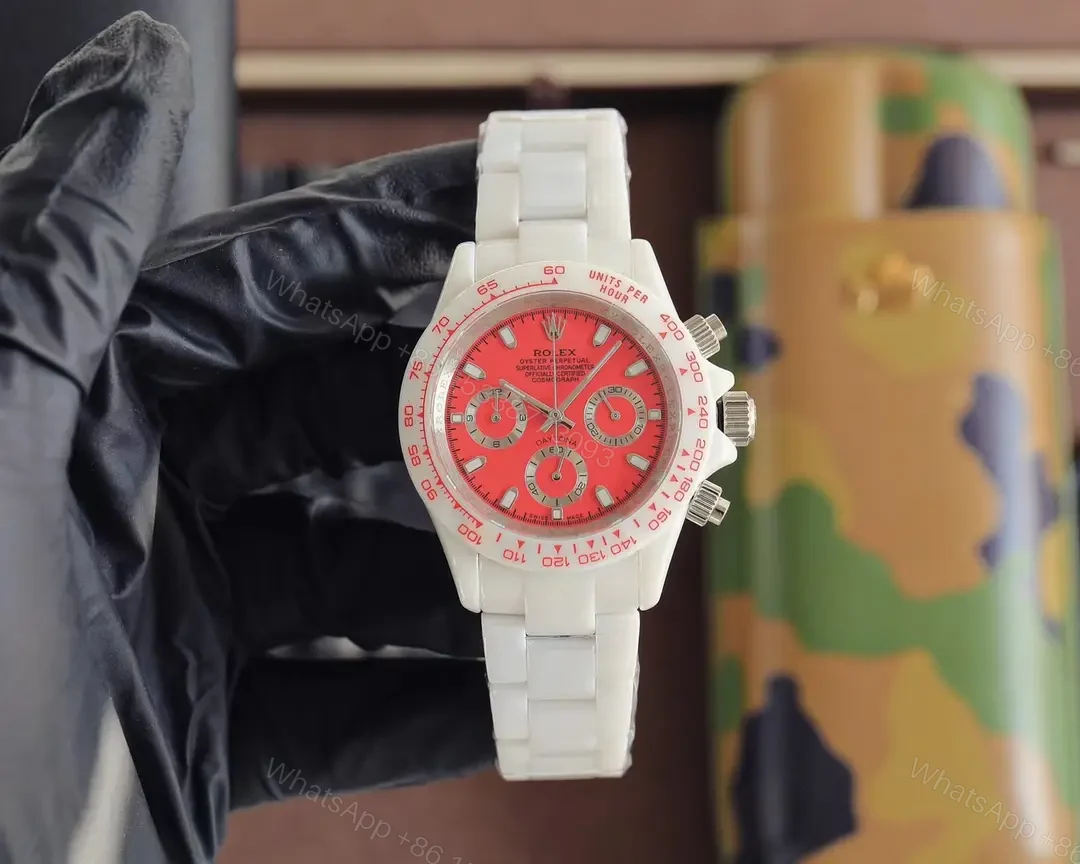 Charming white ceramic daytona replica 40MM Young Lady Red Dial RG-DAYTONA-WHITE-CERAMIC-RED — view 1