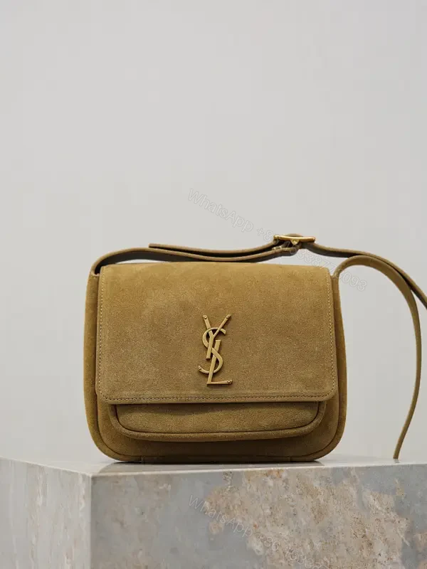 Timeless Suede Crossbody with Gold Emblem, Compact Luxury — view 1