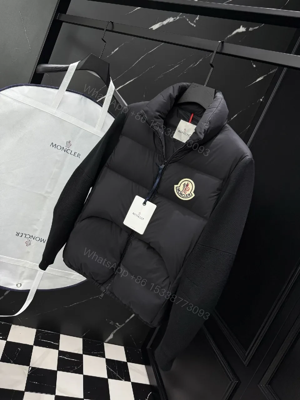 View 2 of Black Nylon Puffer Jacket with Ribbed Sleeves, Modern Luxe Outerwear